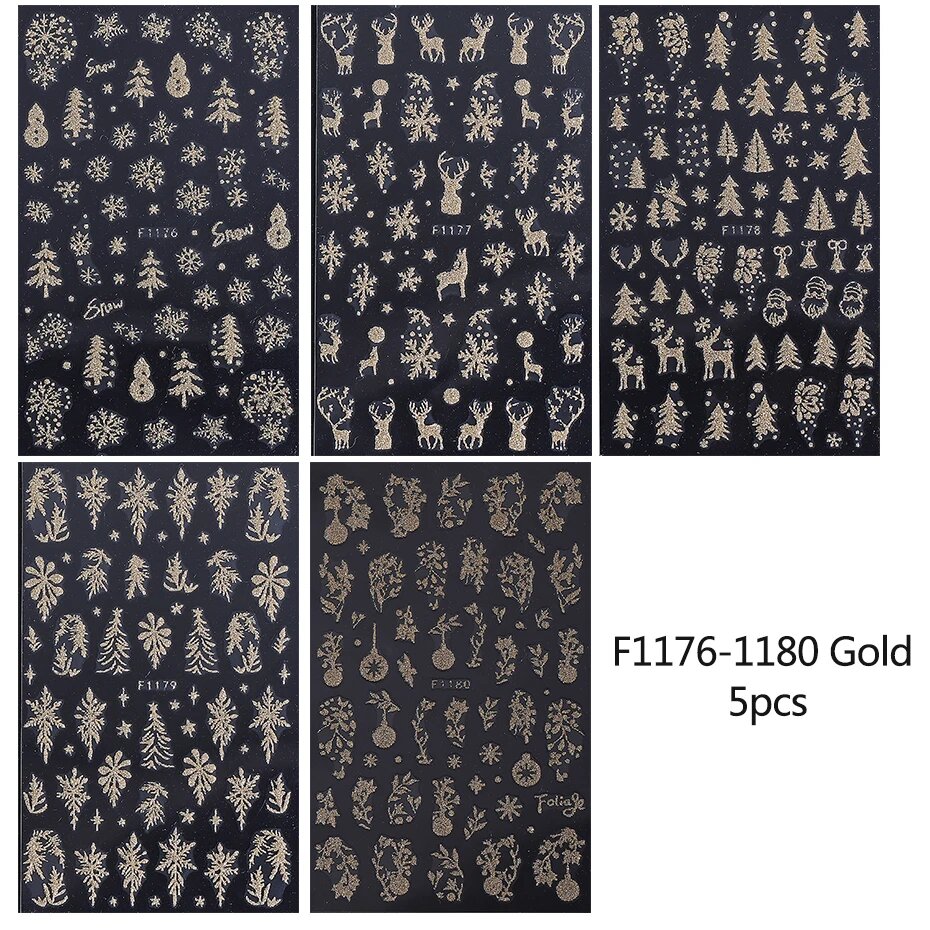 Набор блестящих рождественских наклеек для ногтей Sweet Trend F1176-1180 Gold 5pcs