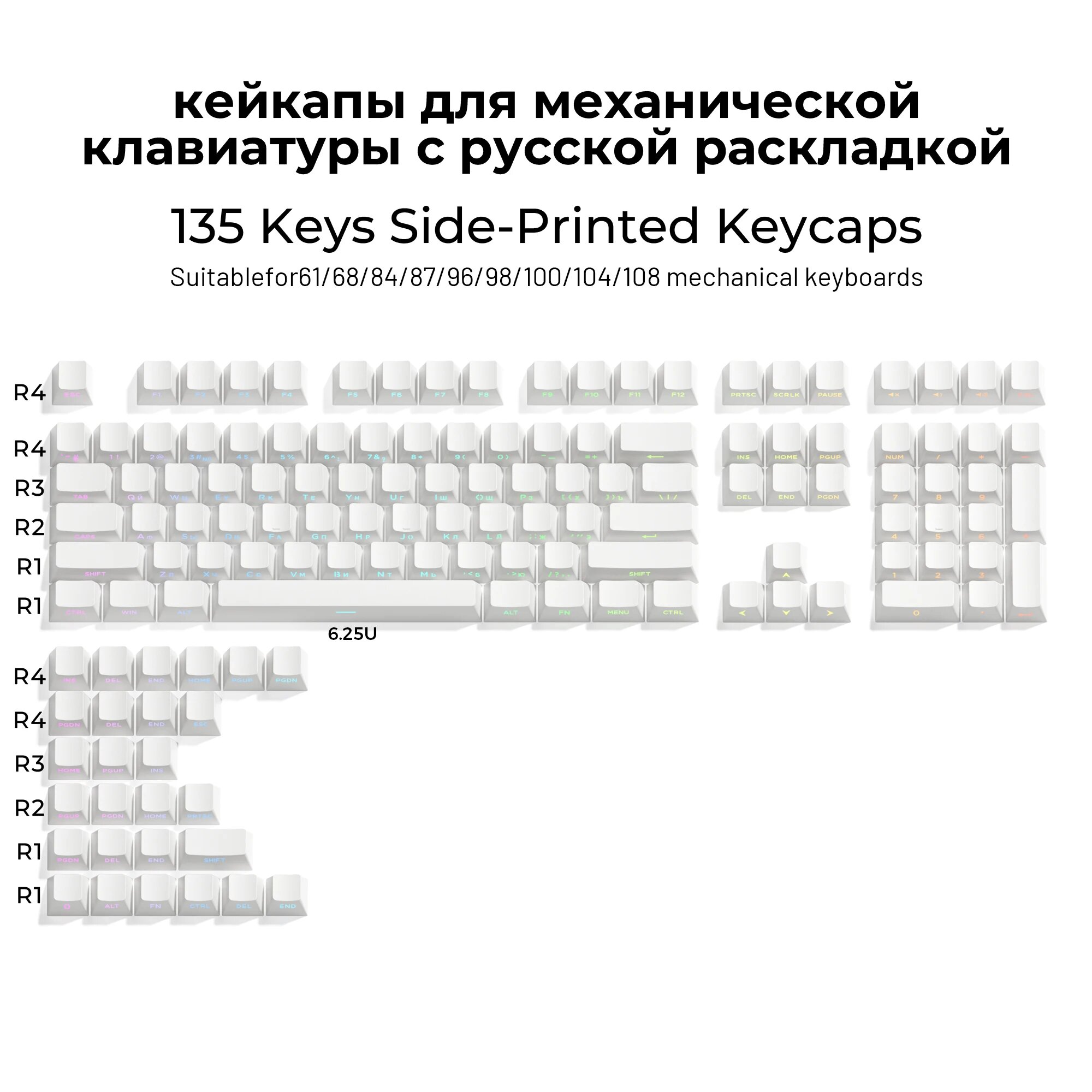 XVX колпачки для клавиатуры русская раскладка, 135 клавиш, белый