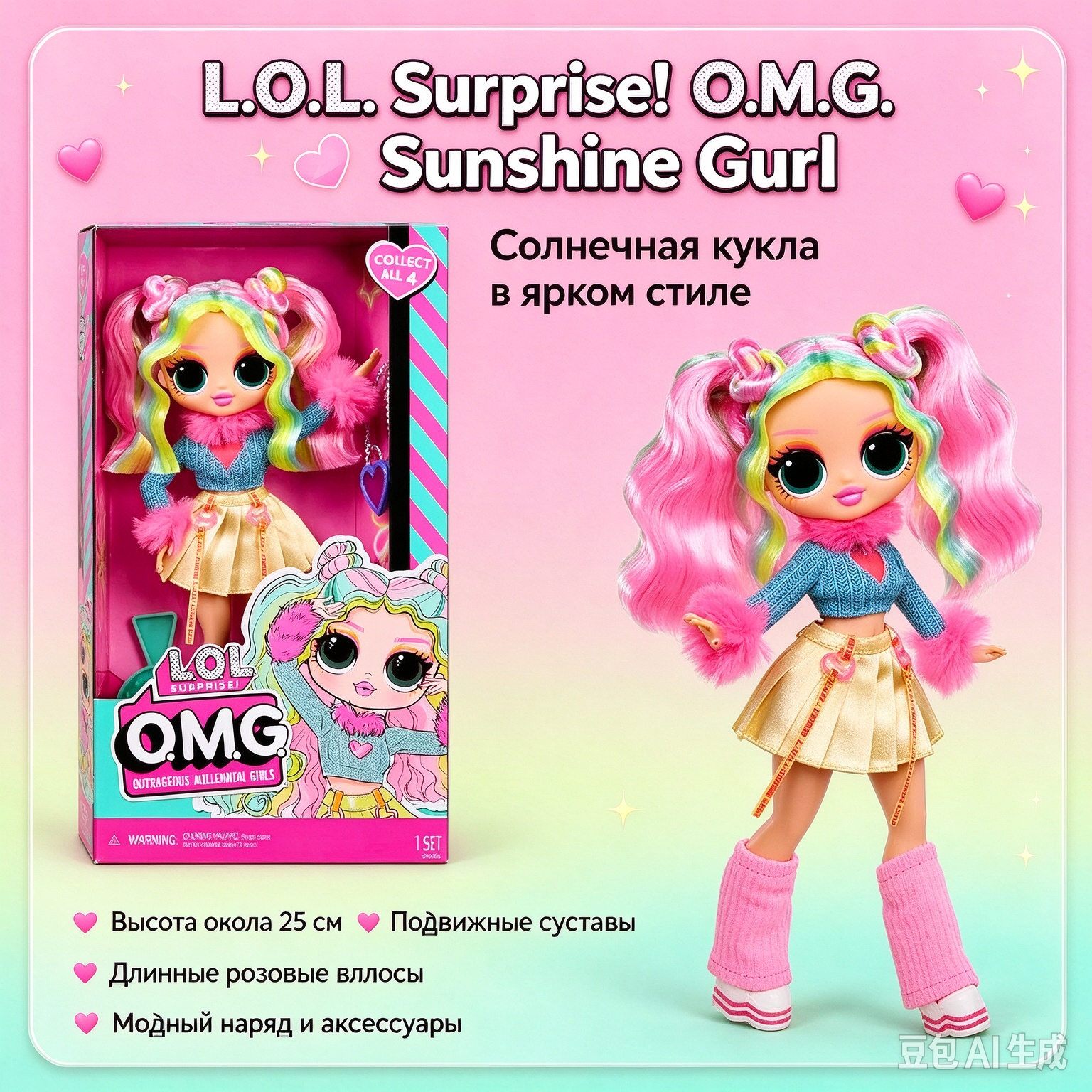 Кукла L.O.L. Surprise! O.M.G. 25 см. Цветные косы, аксессуары, подвижные суставы. Подарок для девочки от 4 лет