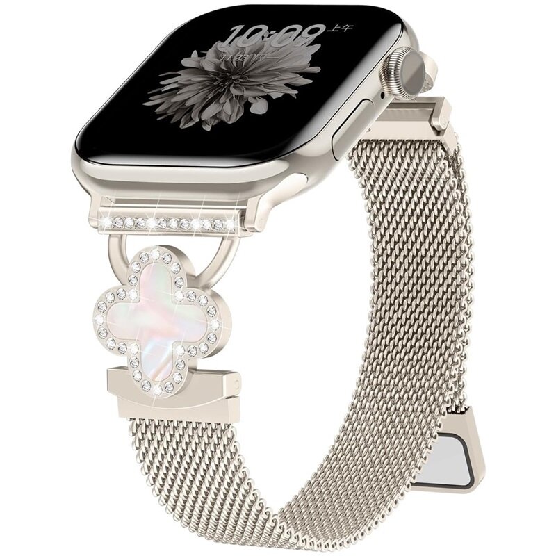 Тонкий миланский ремешок для Apple Watch серии SE 3/2 1 10 9 8 7 6 5 4 3 iWatch 38мм 40мм 41мм 42мм, металл, Apple Watch 42 мм, Apple Watch 38 мм, Apple Watch 41 мм, Apple Watch 40 мм,14, Starlight,1,
