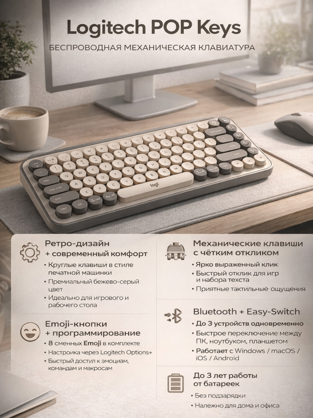Механическая клавиатура Logitech POP Keys, Bluetooth - Черный/белый — фото 1
