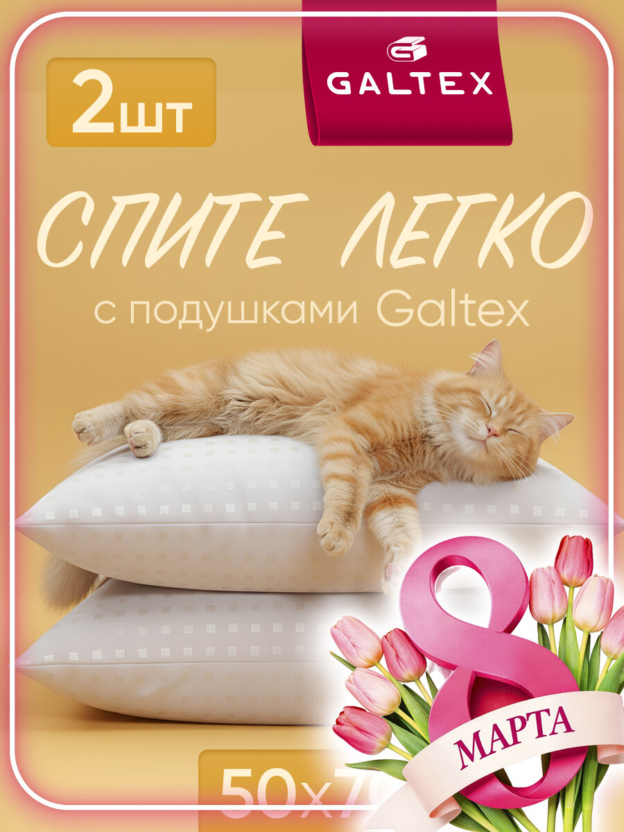 Подушка гипоаллергенная 50х70 - 2 шт Galtex "Золотые квадраты" чехол из тика