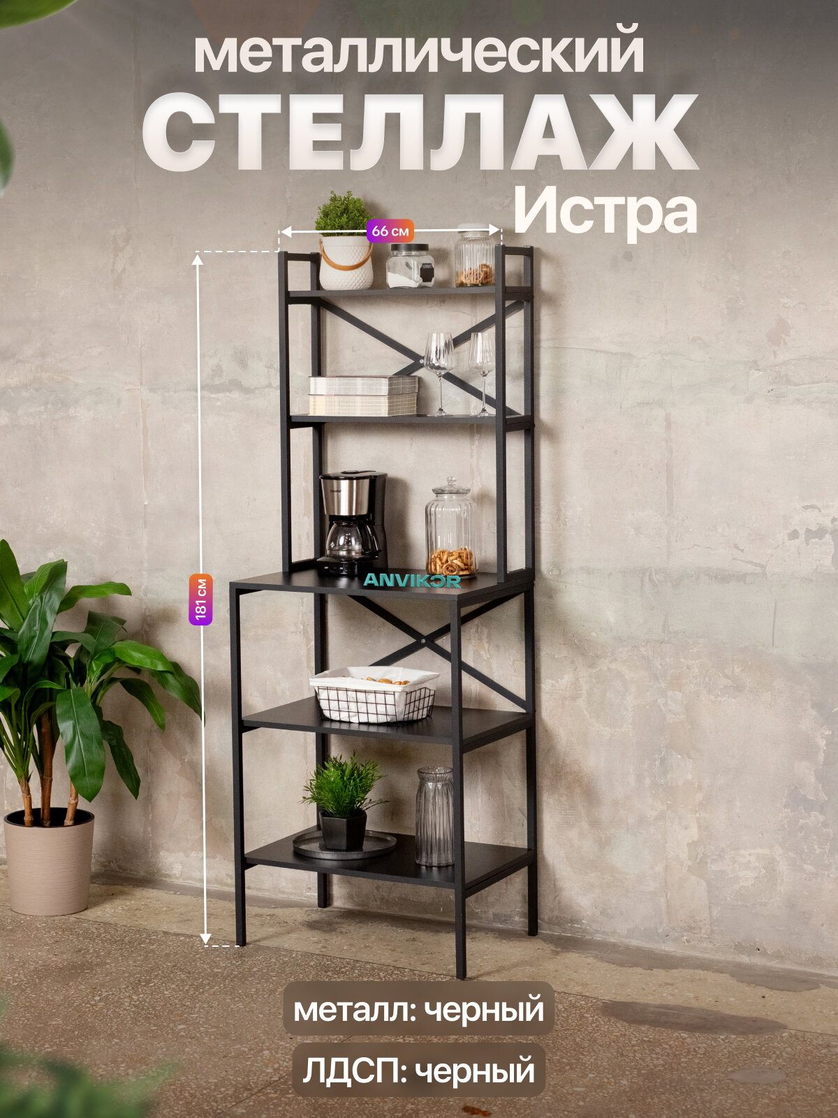 Стеллаж на кухню для микроволновки металлический лофт Истра черный/черный