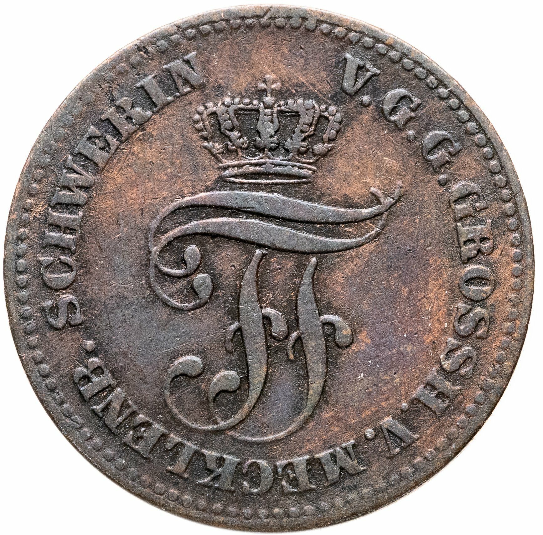 Германская империя, Мекленбург-Шверин 2 пфеннига 1872, Медь, в сохранности VF