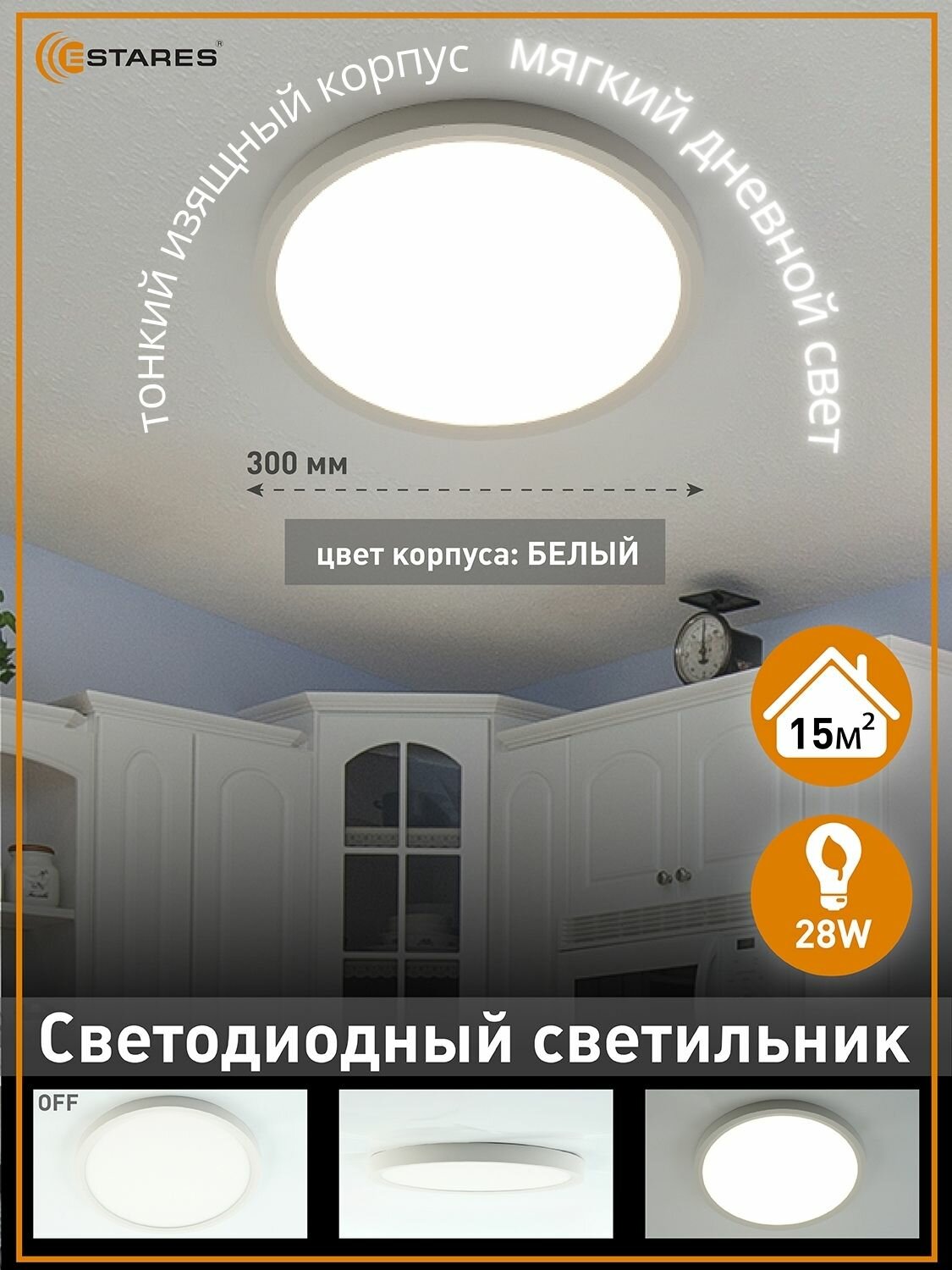 Cветодиодный светильник ROUND 28W R-300x25-WHITE/WHITE-220-IP44, 4000K
