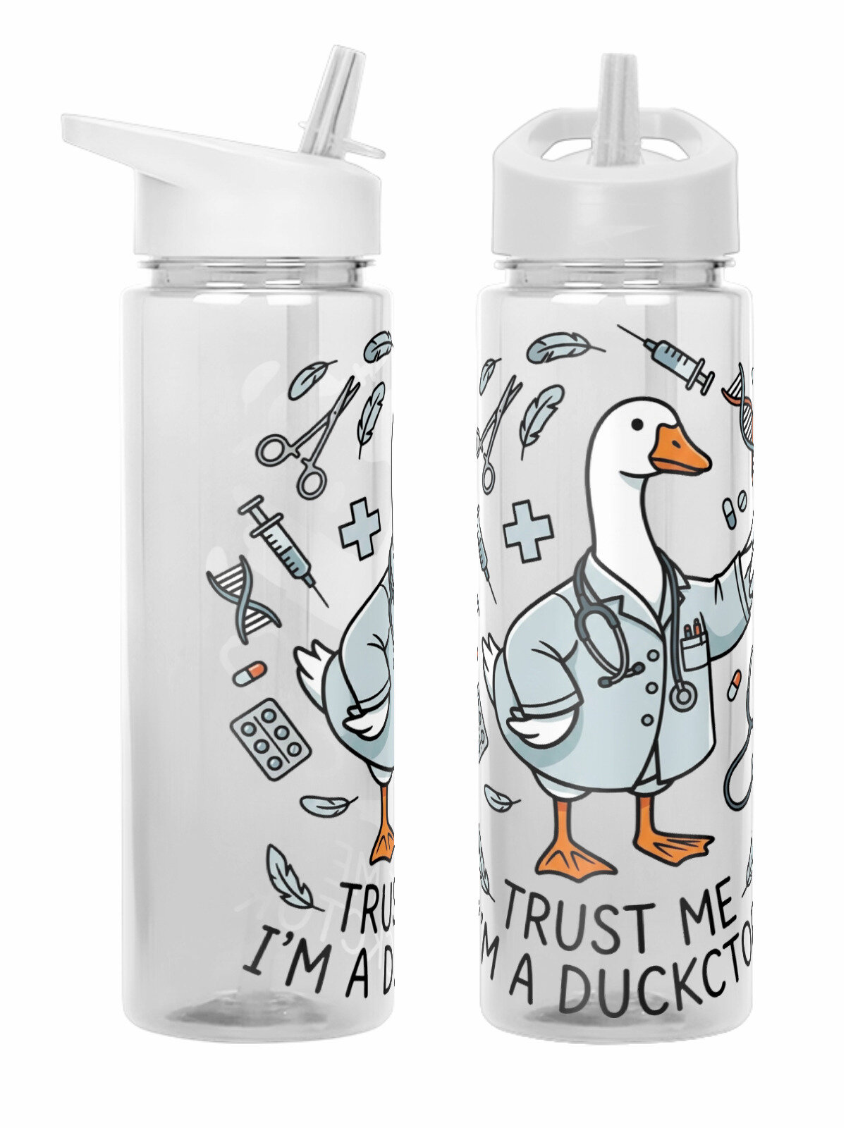 Бутылка белая для воды с принтом trust me im a ducktor
