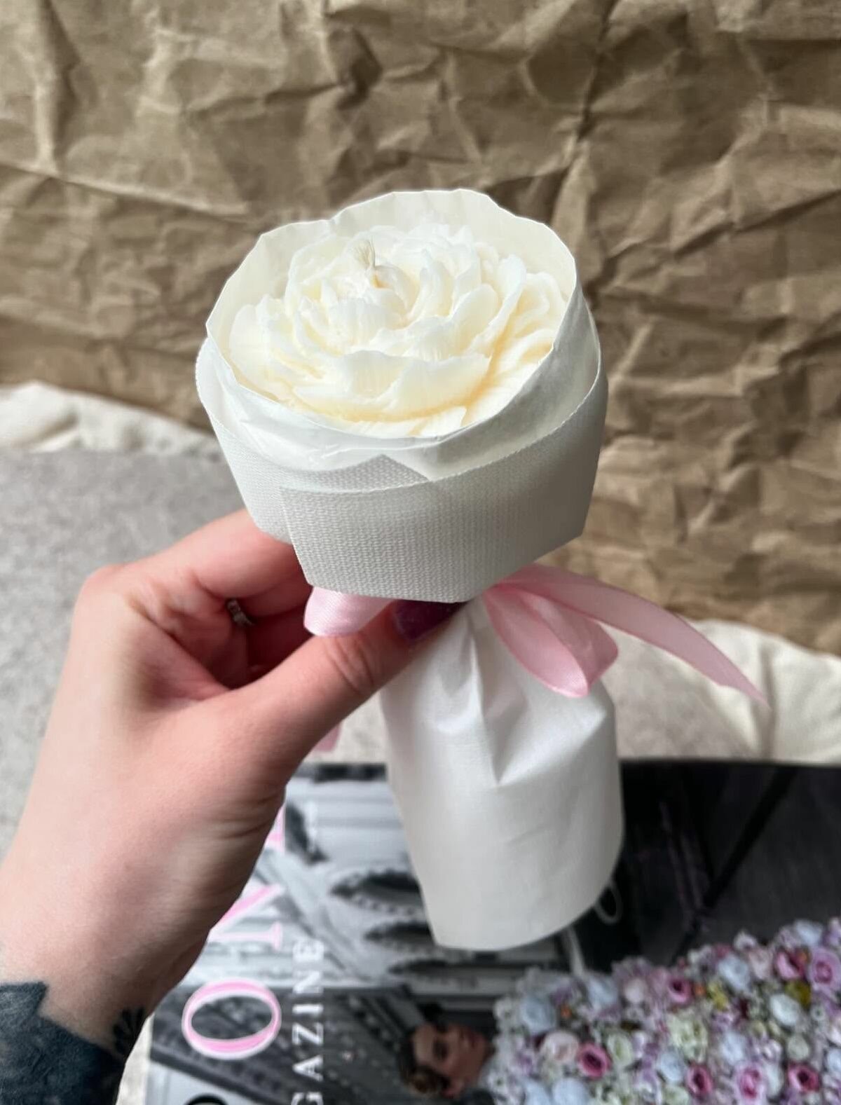 Букет-свеча "Цветок Пиона", 1 шт, ручная работа, аромат пион