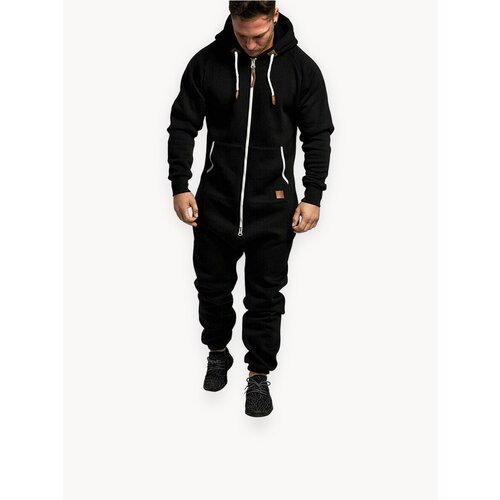 Мужской утепленный флисовый комбинезон с капюшоном и карманами (однотонный, свободный крой) для зимнего отдыха и рыбалки мягкий, легкий