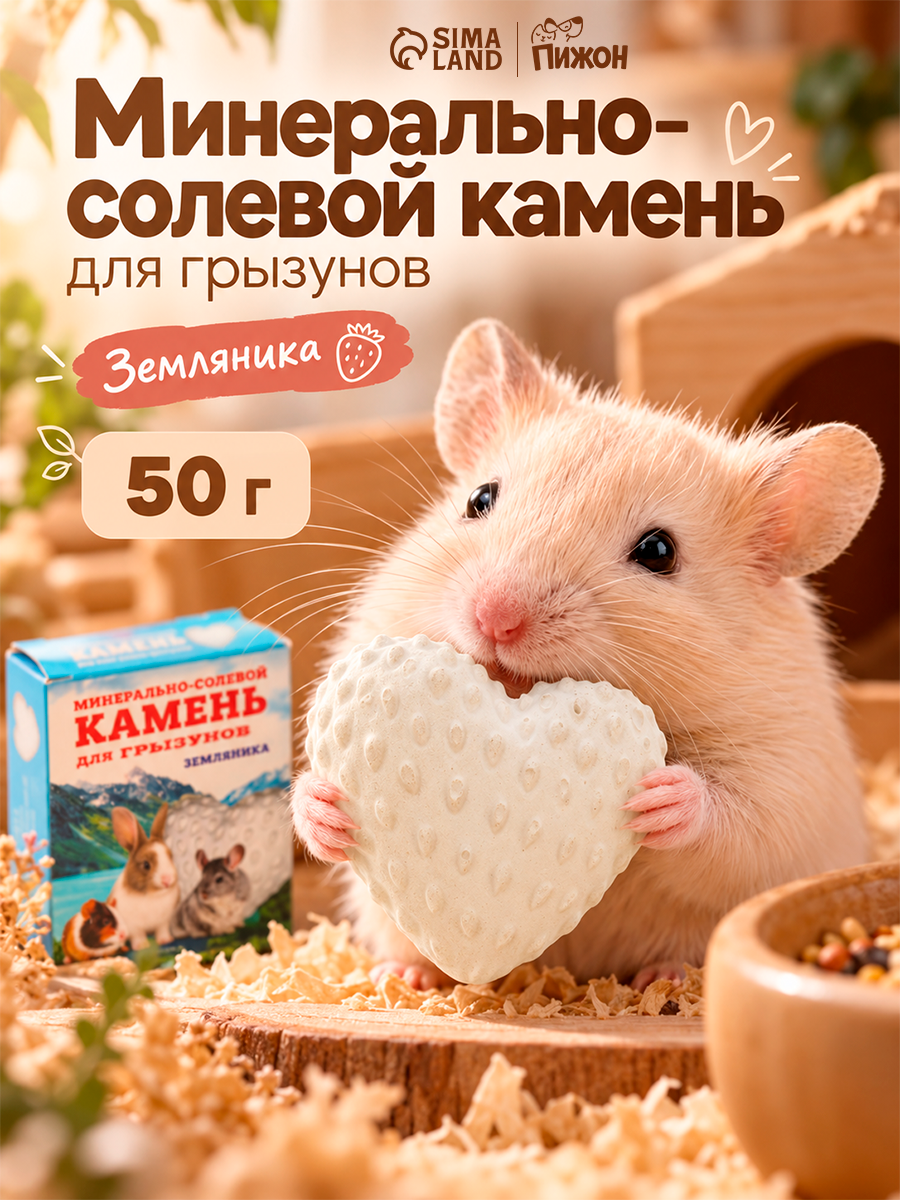 Минерально-солевой камень "Земляника" для грызунов, коробка 50 г