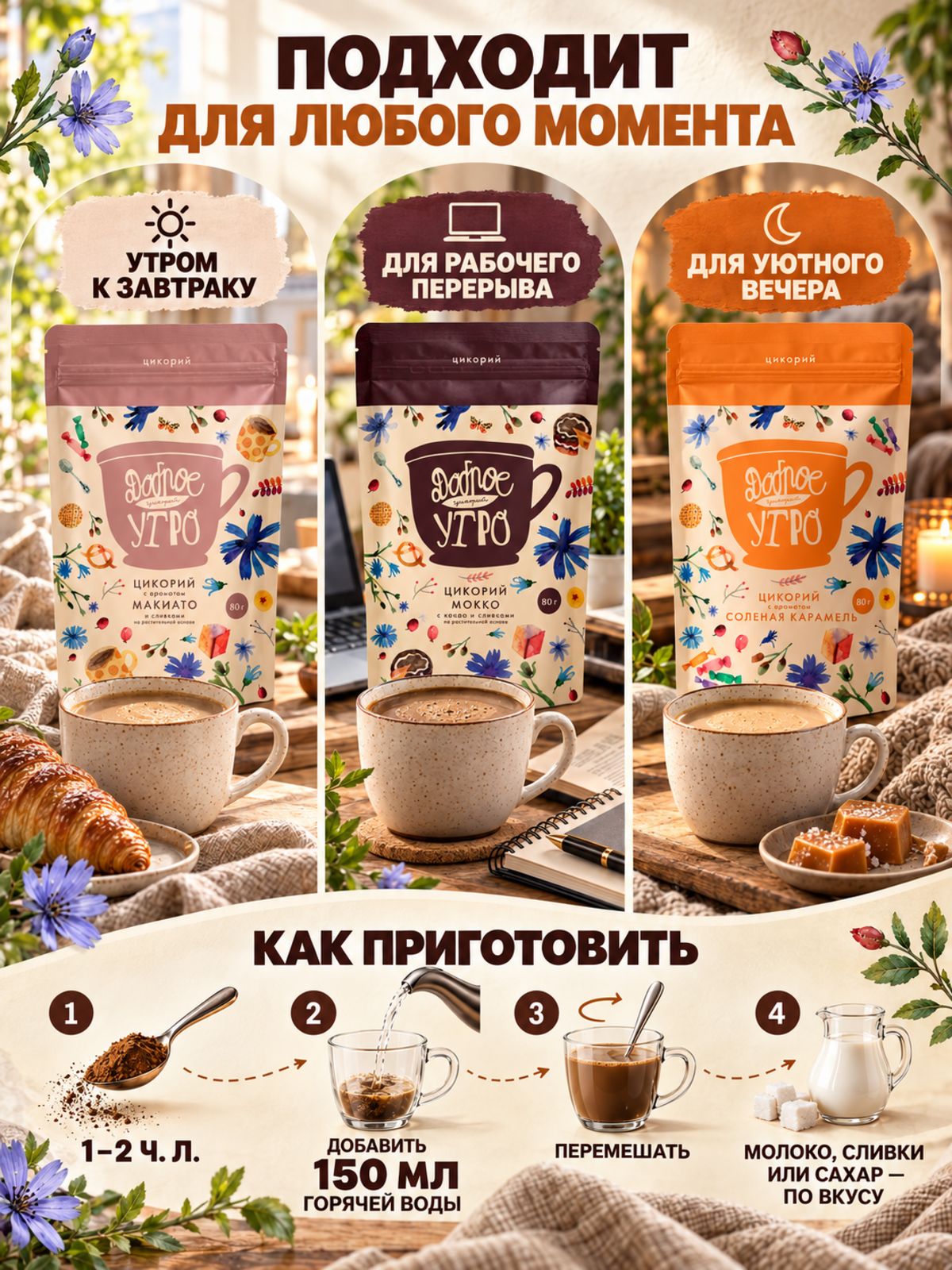 Цикорий растворимый натуральный Доброе утро, набор 3 вкуса: Солёная карамель, Мокко, Макиато, 3 упаковки по 80 г, 240 г — фото 1