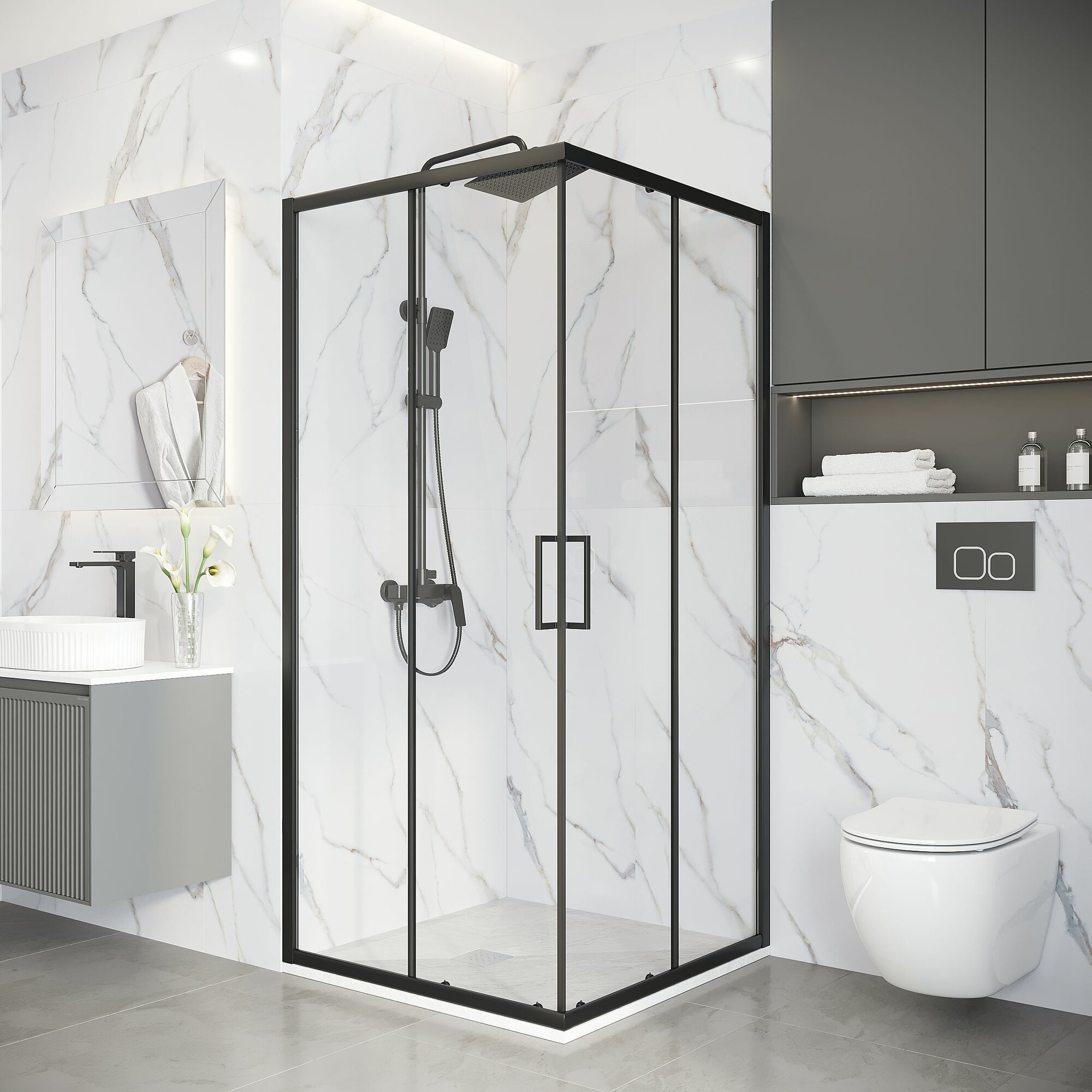 Душевое ограждение Niagara Nova NG-6888-14BL (80х80х195) квадрат, черный матовый, двери раздвижные, стекло прозрачное,1 место