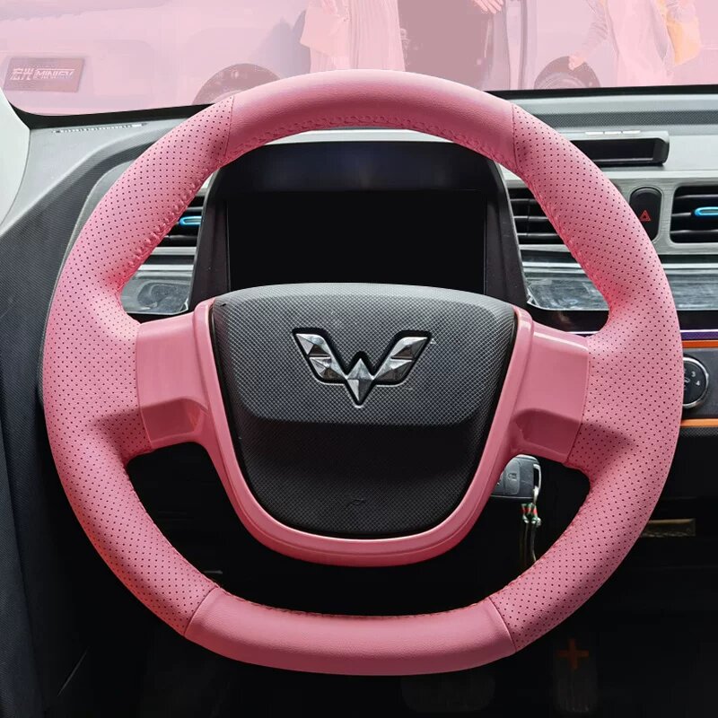 Ручная вышивка рулевого колеса для Wuling Hongguang Mini EV с розовыми стразами и макаронным стилем интерьера