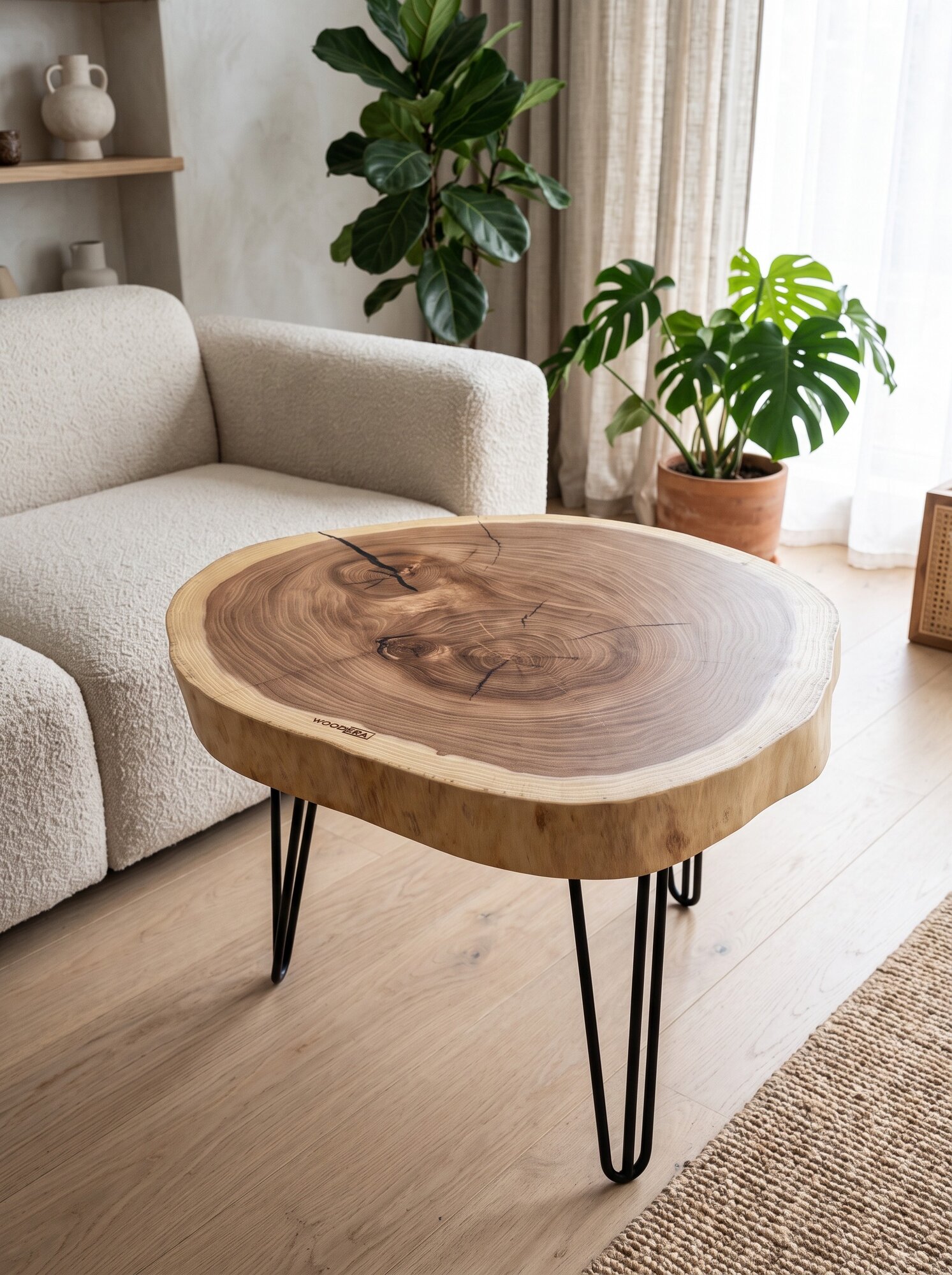 Журнальный стол WOODERA из цельного спила карагача 69×58×46 см, кофейный столик из массива дерева с эпоксидной смолой