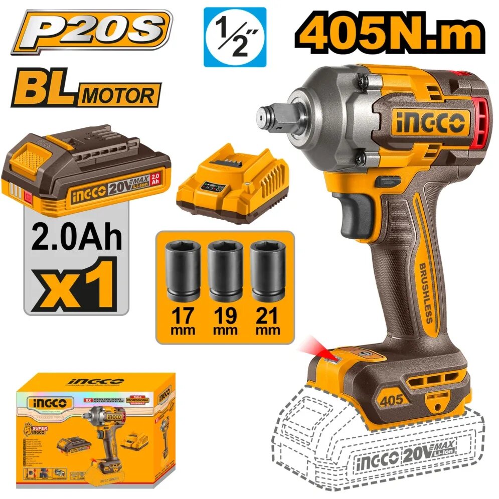Гайковерт аккумуляторный INGCO, CIWLI20455, крутящий момент 405 Н/м, 20В