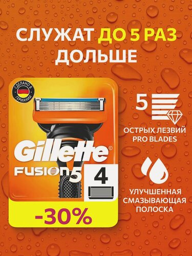 Изображение товара Сменные кассеты лезвия Gillette Fusion Насадки Джилет с 5 лезвиями и точным триммером для труднодоступных мест, 4 шт