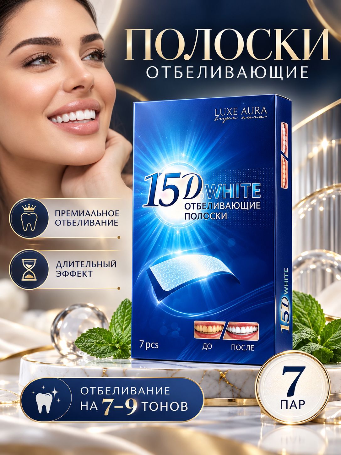 Отбеливающие полоски для зубов 15D LUXE AURA