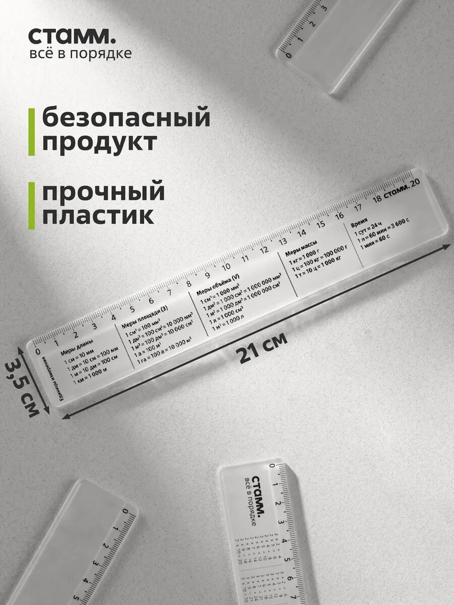 Линейки справочные школьные 20см, СТАММ, , 2 штуки, пластиковые, прозрачные — фото 1