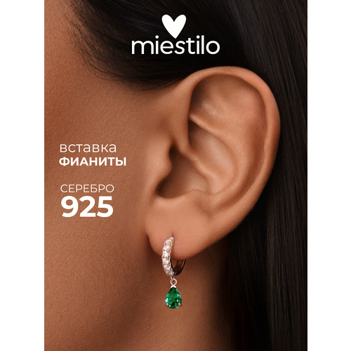 фото Серьги конго miestilo, серебро, 925 проба, родирование, фианит, длина 2.2 см, , изумрудный
