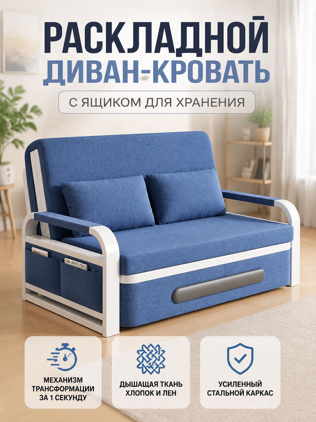 Раскладной диван-кровать с ящиком для хранения, темно-синий, 108 см, металлический каркас