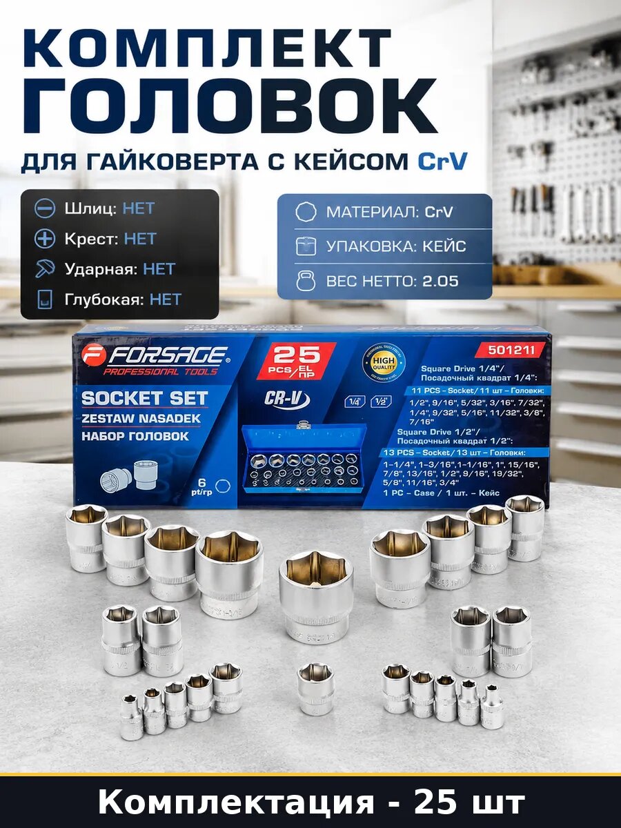Комплект головок 25 штук для гайковерта с кейсом CrV