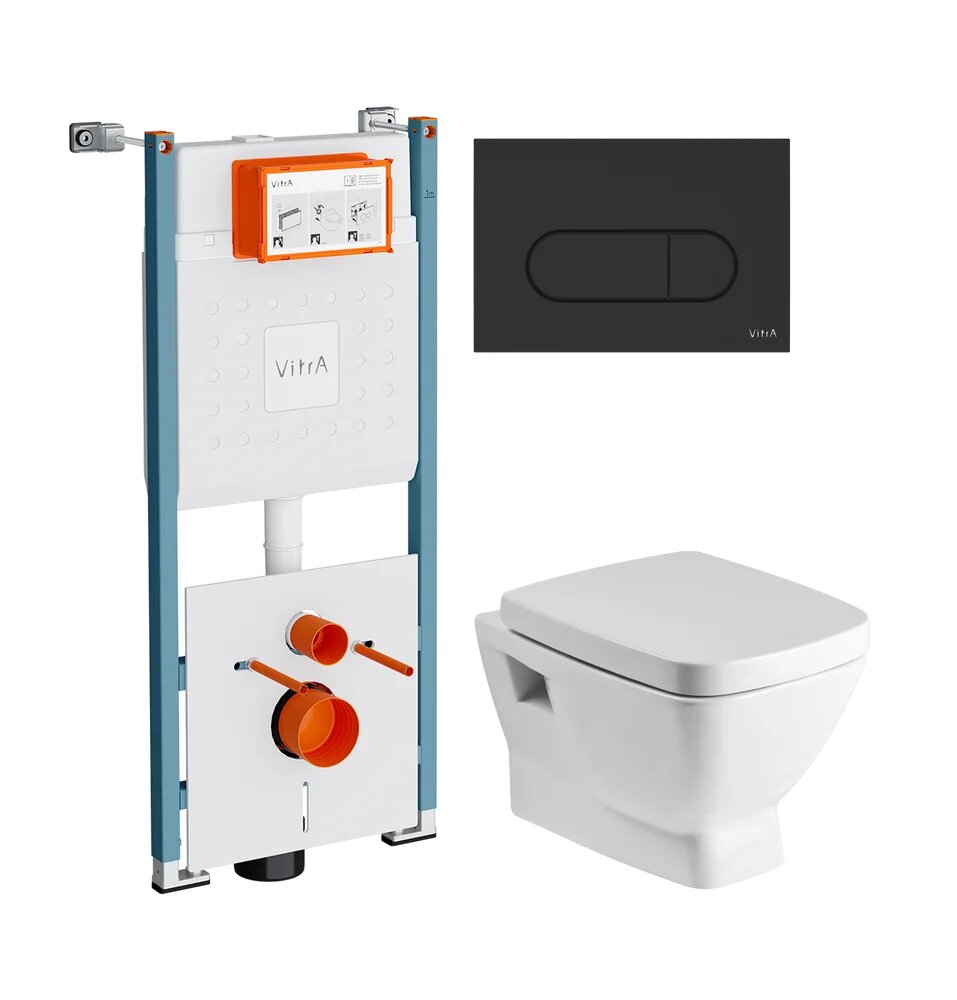 Комплект 3 в 1 Унитаз подвесной Santek Нео 1WH302423 / Инсталляция VitrA Ви-Фикс Кор (V-Fix Core) 732-5800-01PV / Кнопка Рут Раунд (Root Round) 740-2211 цвет матовый черный