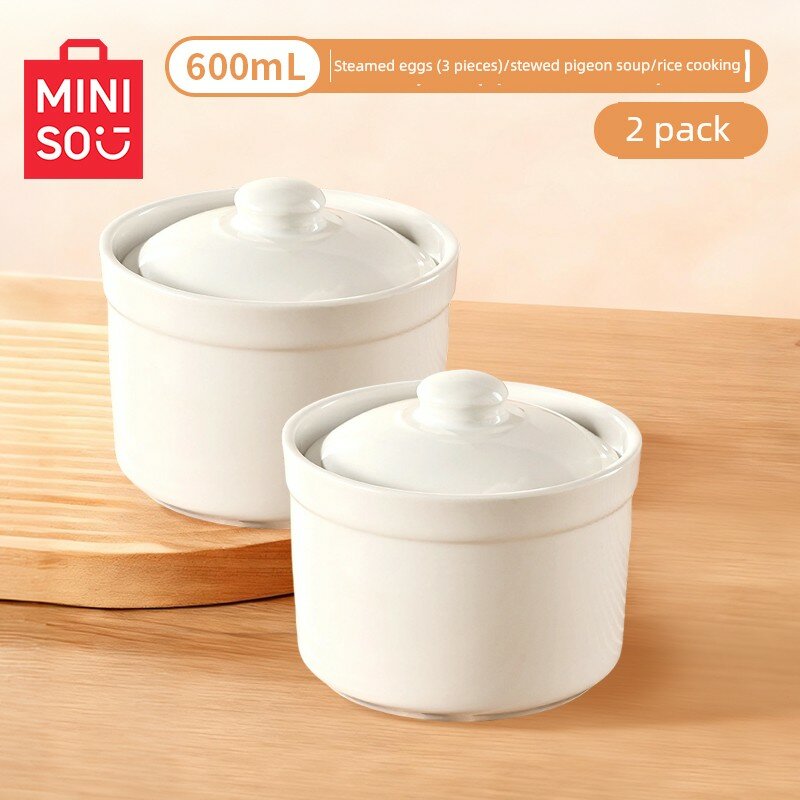 Белая фарфоровая чаша для приготовления яиц на пару Miniso с крышкой, домашняя керамическая кастрюля для тушения,