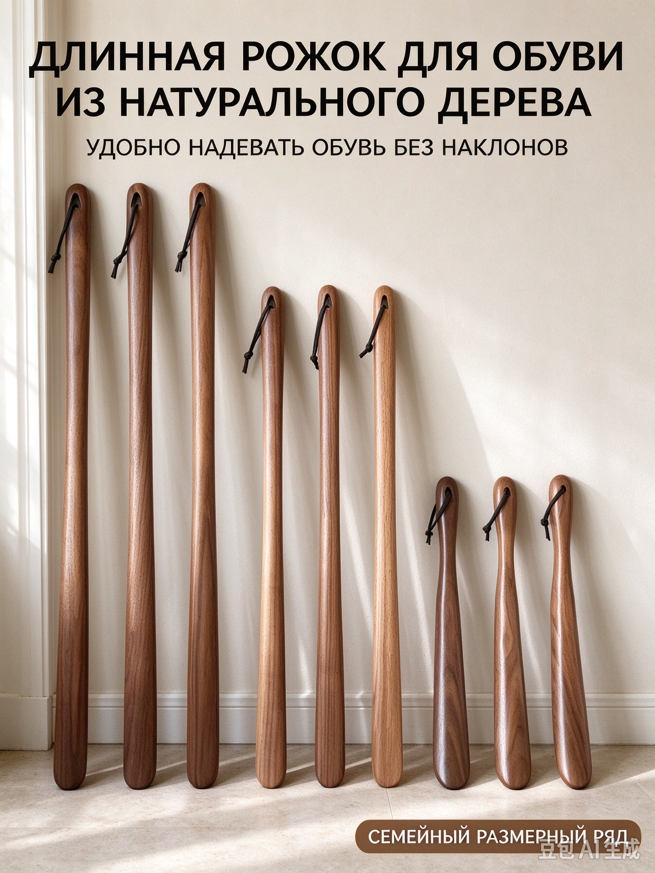 Ожок‑обувница деревянный длинный, из орехового дерева, не нужно наклоняться, для пожилых, беременных, для дома