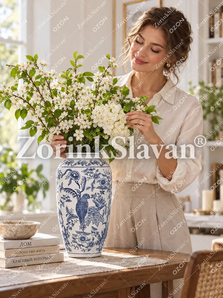 ZorinkSlavan Ваза "ZorinkSlavan Керамическая ваза сине-белая с рисунком попугая и цветов, 37.321 см, декоративная ваза для интерьера", 37.321 см , керамика, 1 шт