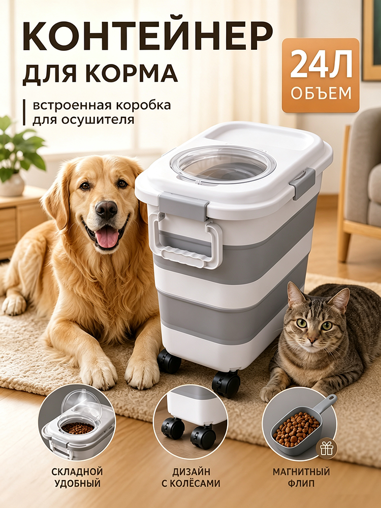 Контейнер для корма 24л с крышкой защита от влаги и запаха, большой контейнер