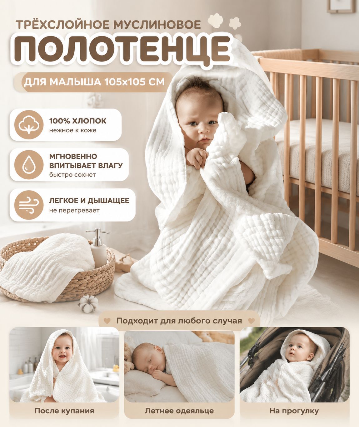 Плед 105x105 см перкаль белый