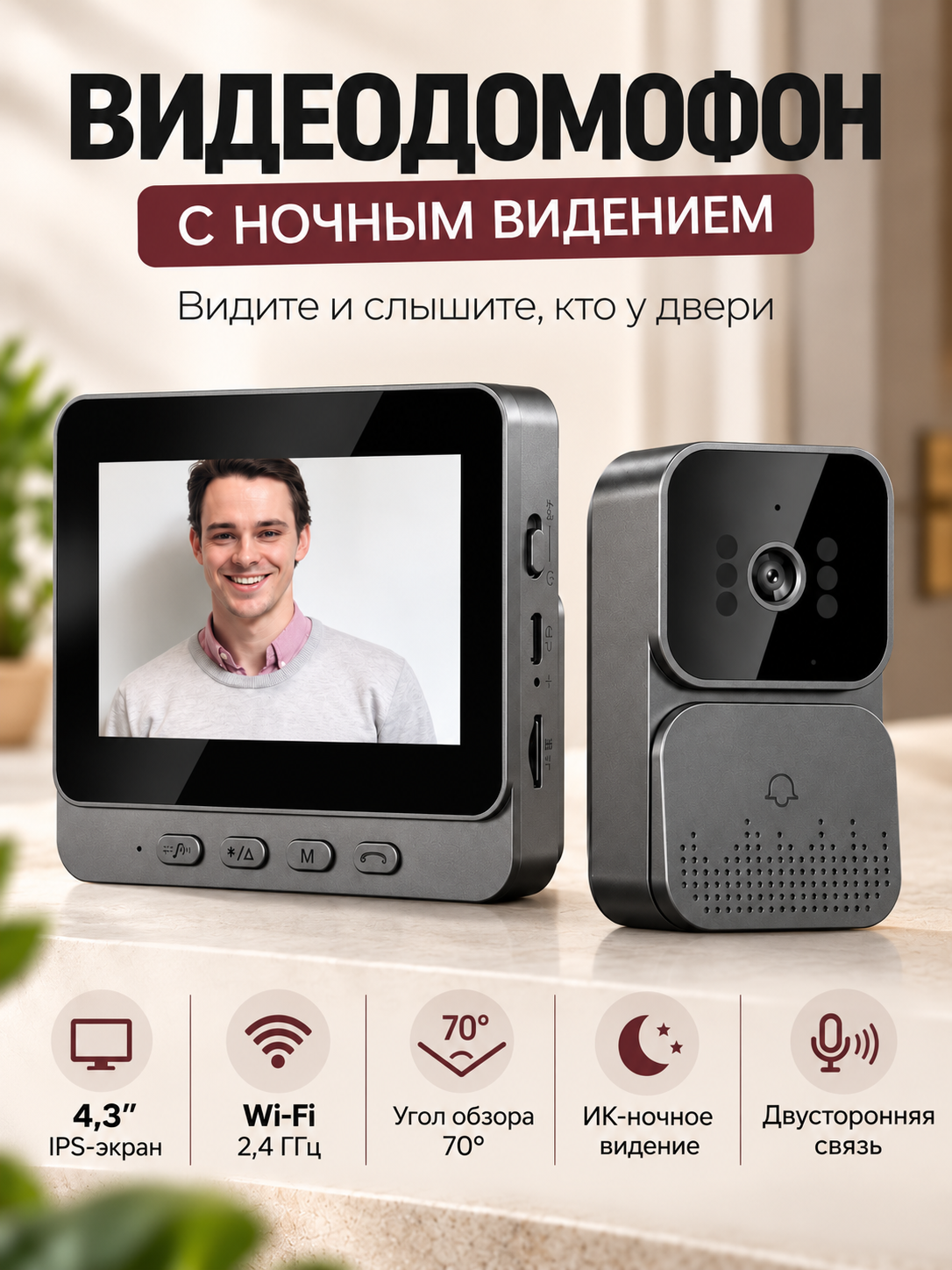 Беспроводной видеодомофон с цветным ips дисплеем диагональ 4.3 дюйма