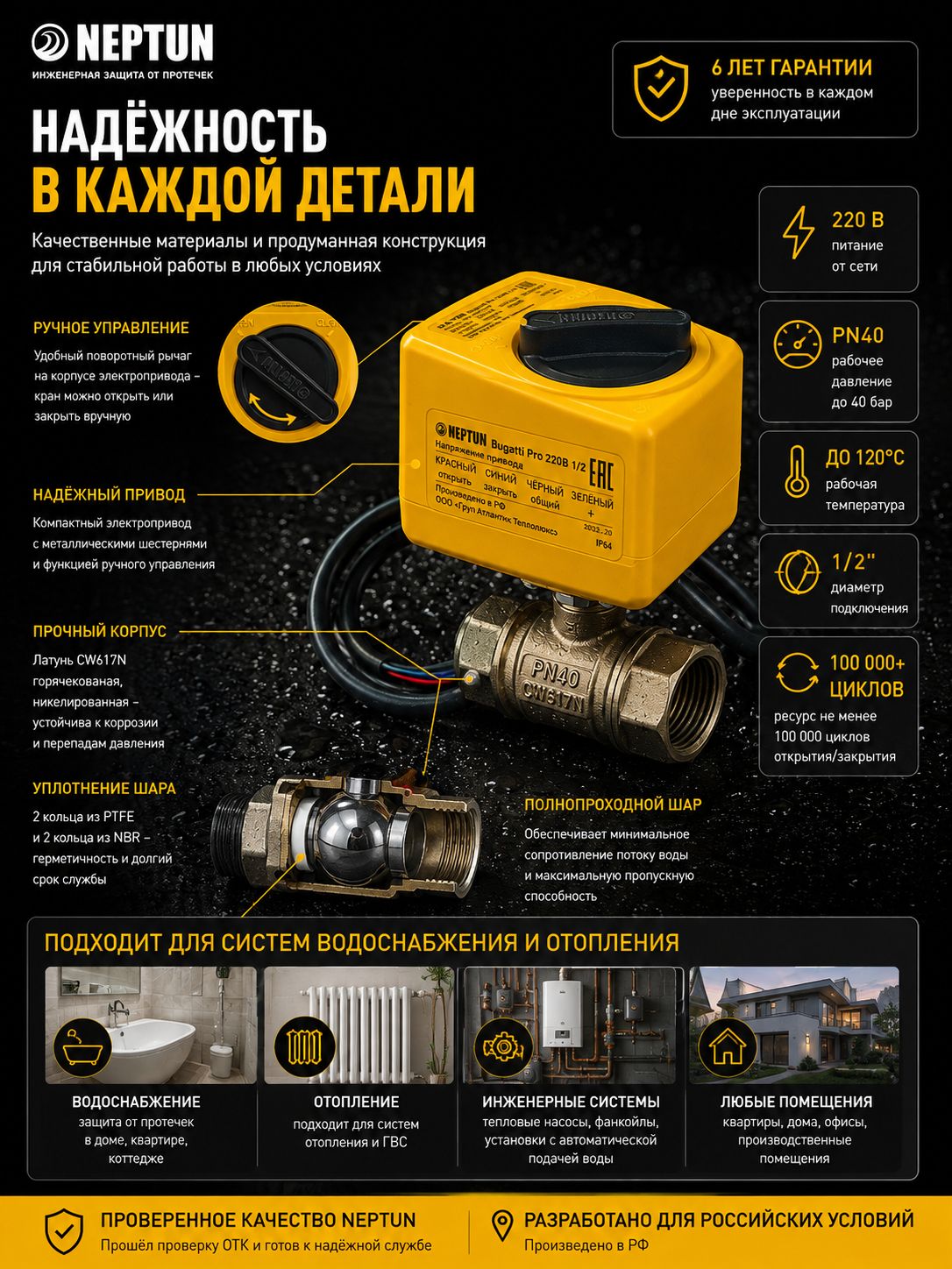 Кран шаровый с электроприводом Neptun Bugatti Pro 220 В 1/2", автоматический кран от протечек — фото 1