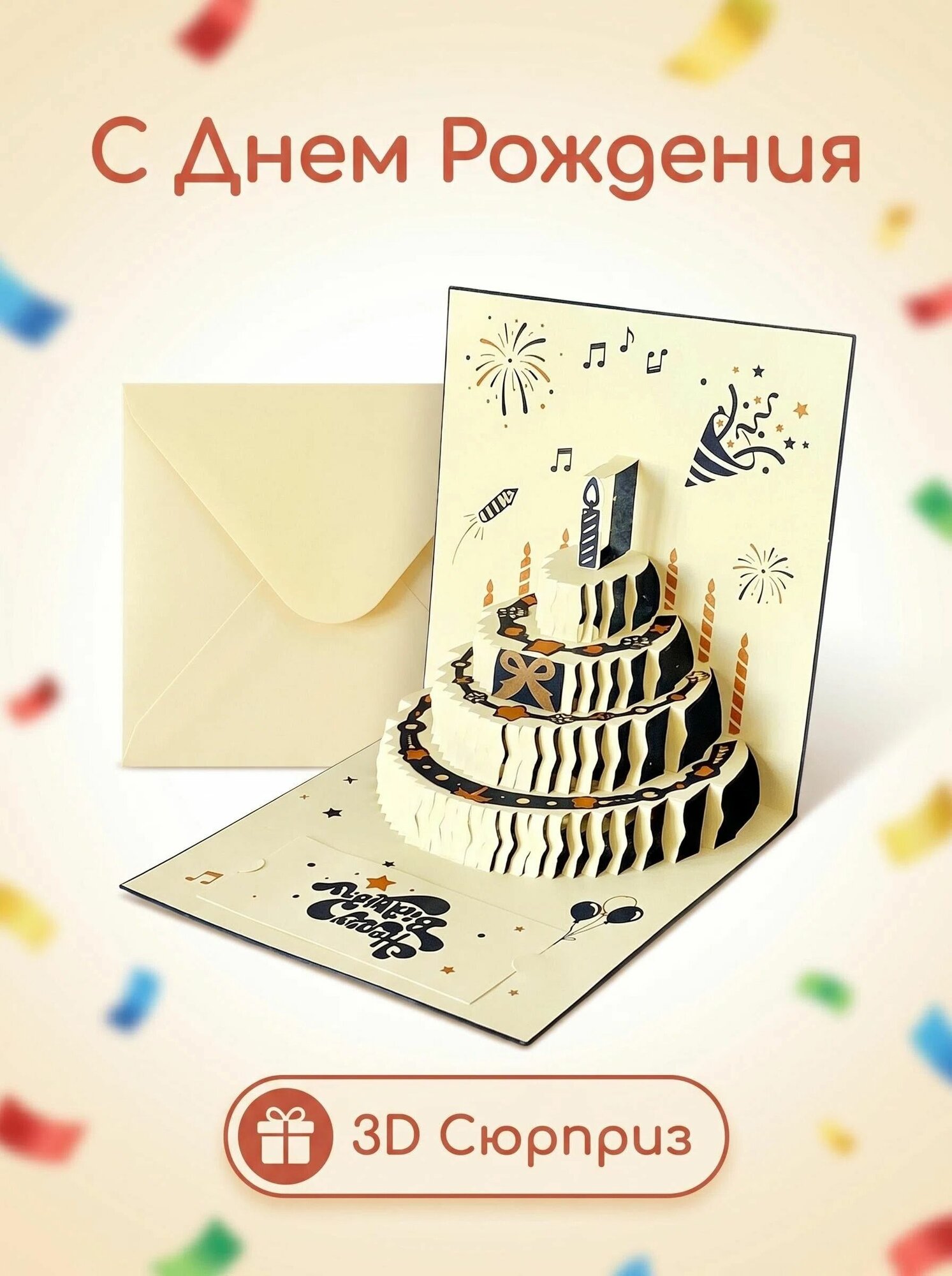 Открытка с днём рождения 3D / Объемная поздравительная открытка-торт Happy Birthday