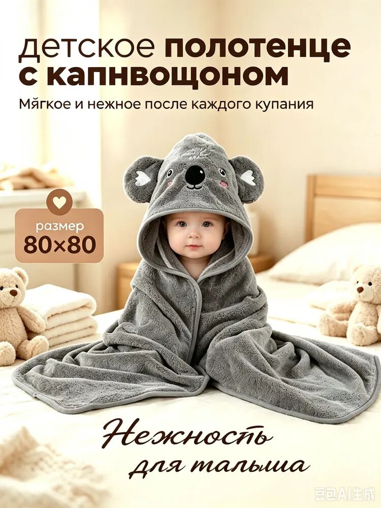 Полотенце детское 80x81 см, махровая ткань, серый, 1 шт