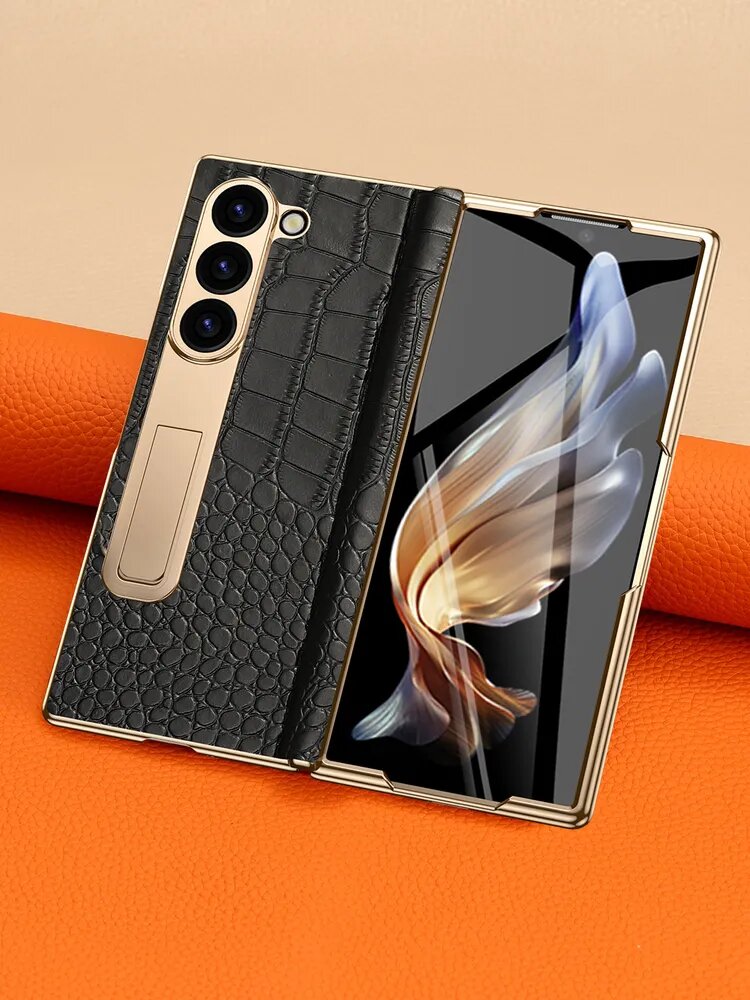 Чехол для Samsung Galaxy Z Fold6 (Самсунг Галакси Z Fold 6), с защитным стеклом для экрана, Магнитная адсорбция шарнира центральной оси, натуральная коровья кожа, черный