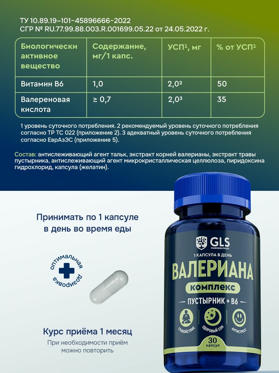 Валериана комплекс с пустырником и В6, витамины / бады от стресса, для спокойствия и сна, 30 капсул — фото 1