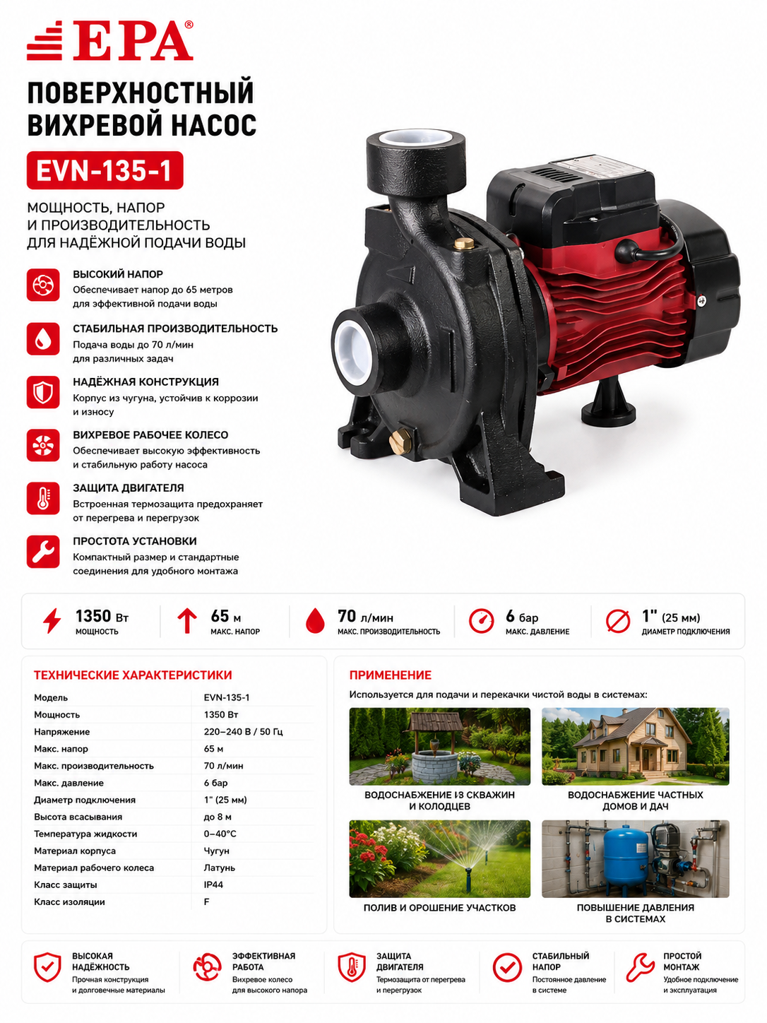 Насос вихревой поверхностный EPA EVN-5AM-4, 500Вт, напор 38м, производительность 40л/мин, чугунный корпус