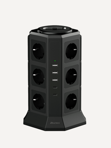 Изображение товара Reletech Башня Сетевой Фильтр, 12 розеток + 5 USB (3A+2C), 16A 4000Вт, 2м кабель, Заземление, Огнестойкий