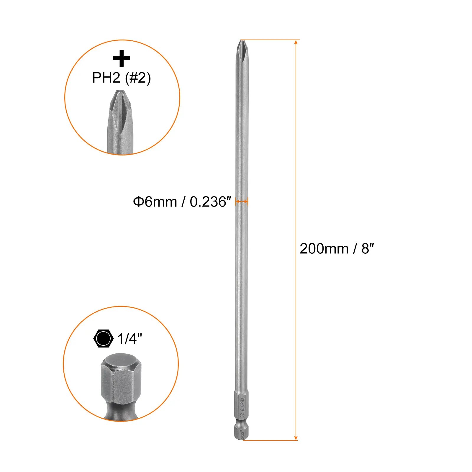 UXCELL Крестовые биты для отвертки S2 1/4", 200 мм, магнитные