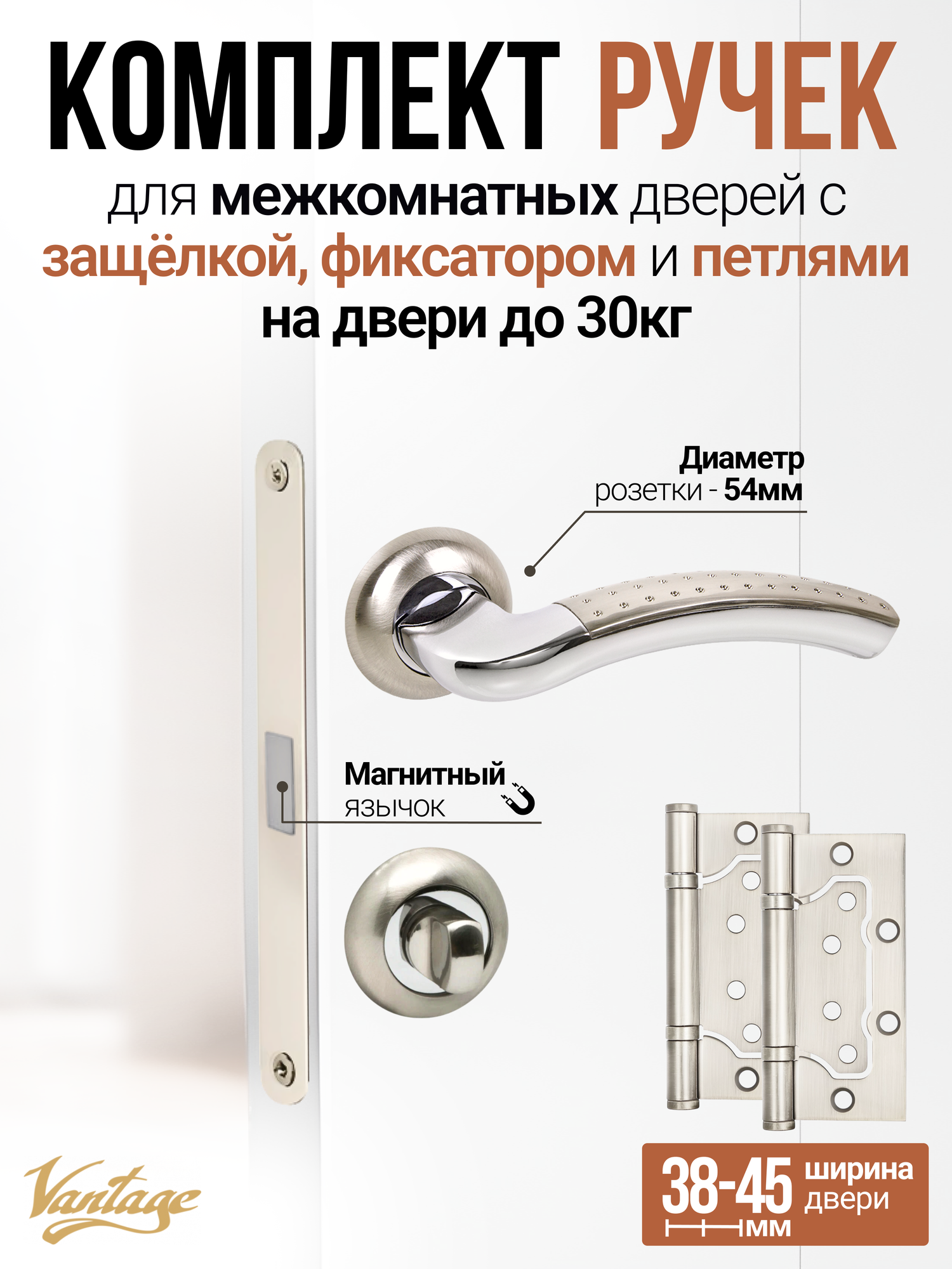 Ручка дверная межкомнатная с магнитной защёлкой, фиксатором и петлями без врезки, матовый никель/глянцевый хром, алюминиевый сплав