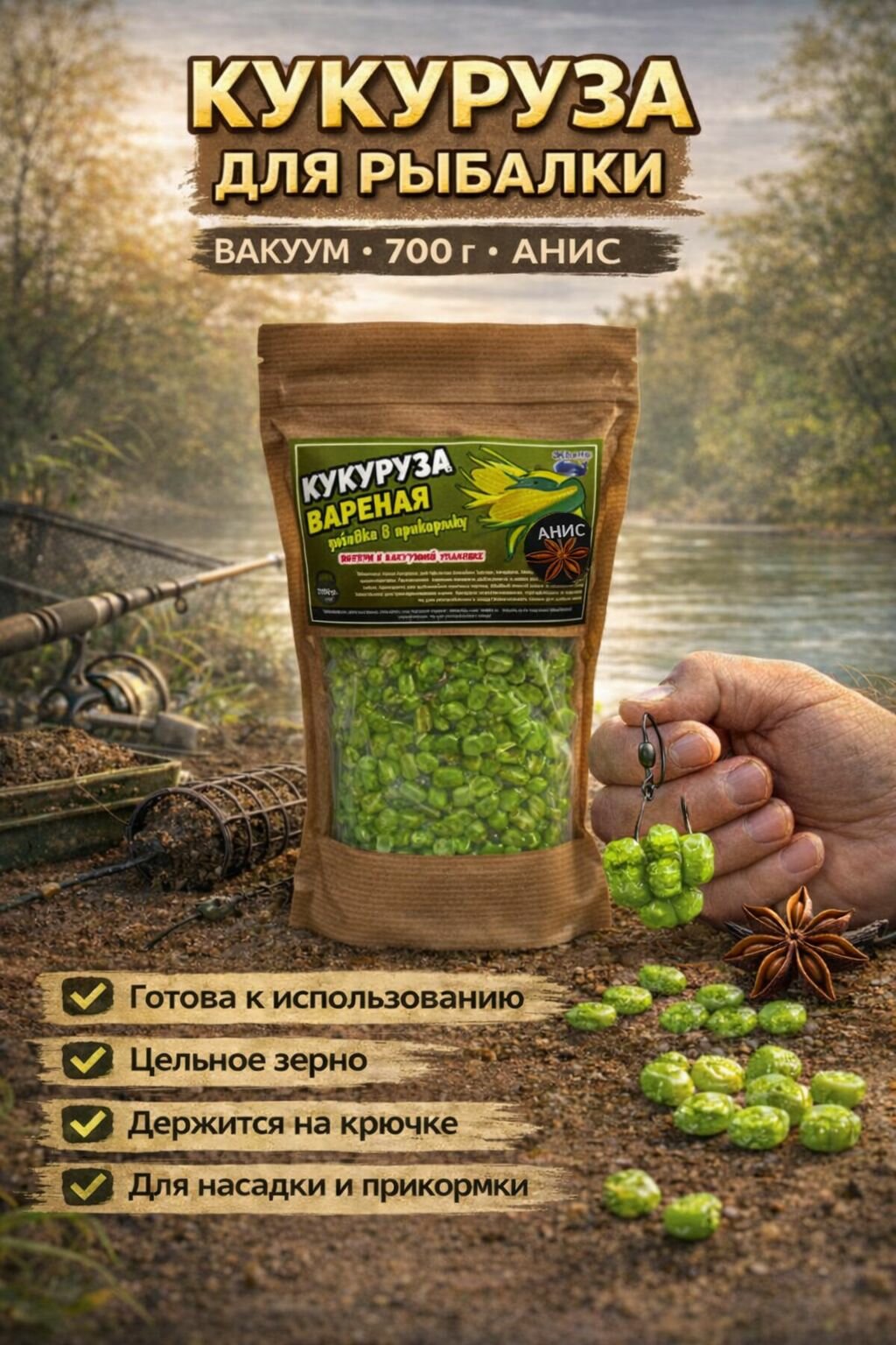 Кукуруза вареная для рыбалки, вакуумная упаковка, Анис, 700 г - насадка и прикормка для карпа, сазана, амура, фидер и донка