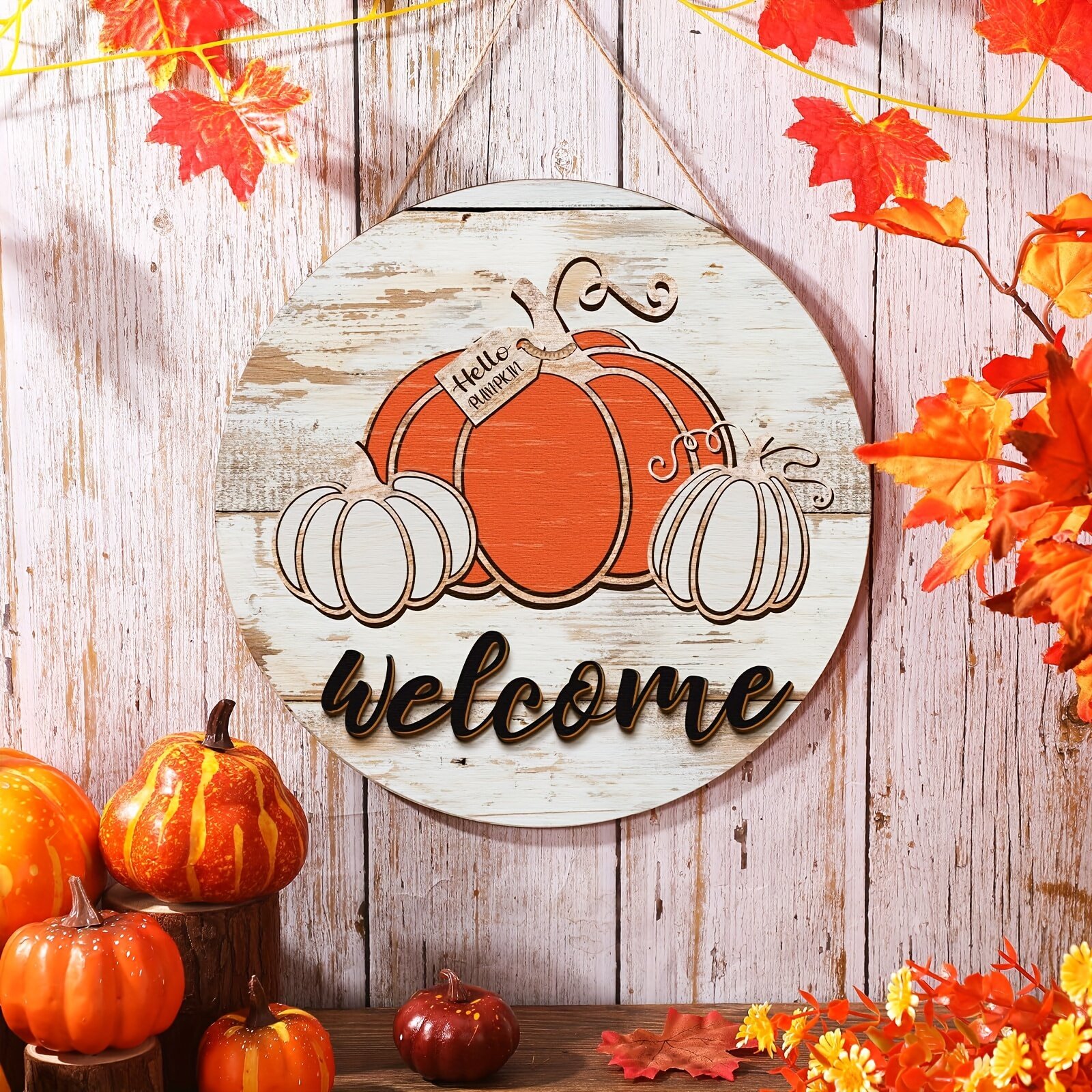 Круглая деревянная подвесная табличка на дверь Hello Pumpkin с осенними листьями и тыквами, декор для дома и экстерьера в стиле рустик, 1 шт.