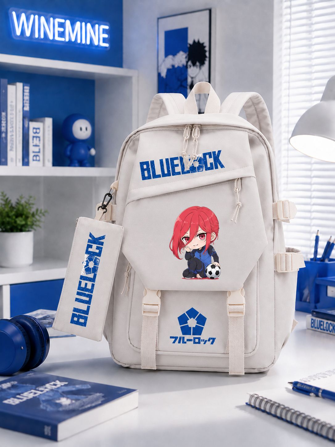 Подростковый рюкзак Blue Lock с пеналом, вместительный, голубой или черный, с аниме-принтом для учебы и повседневного использования
