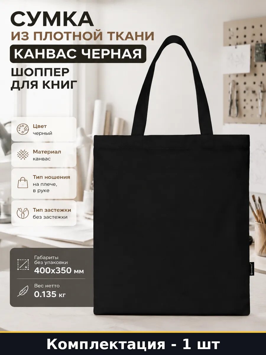 Сумка из плотной ткани канвас черная шоппер для книг