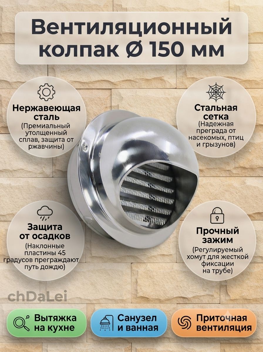 Вентиляционный колпак из нержавеющей стали с сеткой 150 мм наружная вытяжная решетка на фасад круглый дефлектор против ветра и дождя для вентиляции