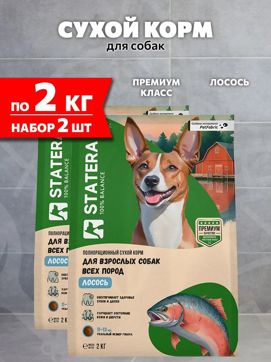 Корм сухой Statera для взрослых собак, лосось, 2 кг 2 шт