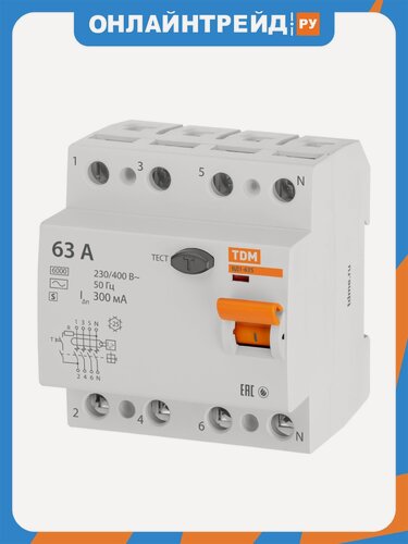 Изображение товара Устройство защитного отключения (УЗО) Tdm Electric ВД1-63S 4Р 63А 300мА (SQ0203-0073)