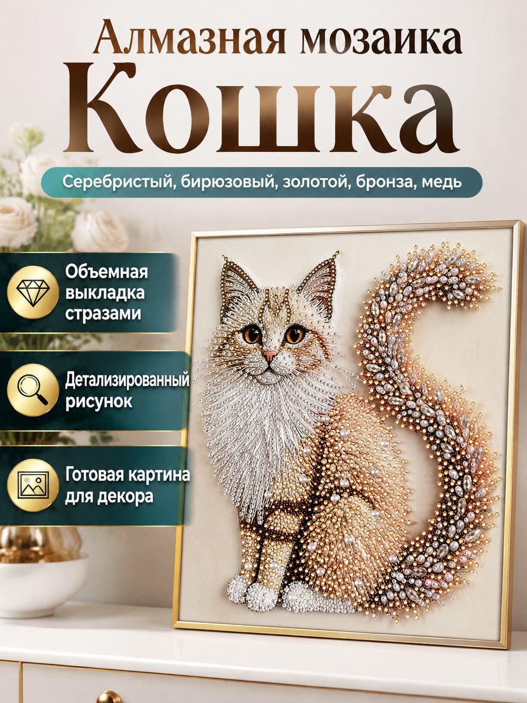 Алмазная мозаика "Кошка", 30 30 см: частичная выкладка фигурными стразами на холсте без основы