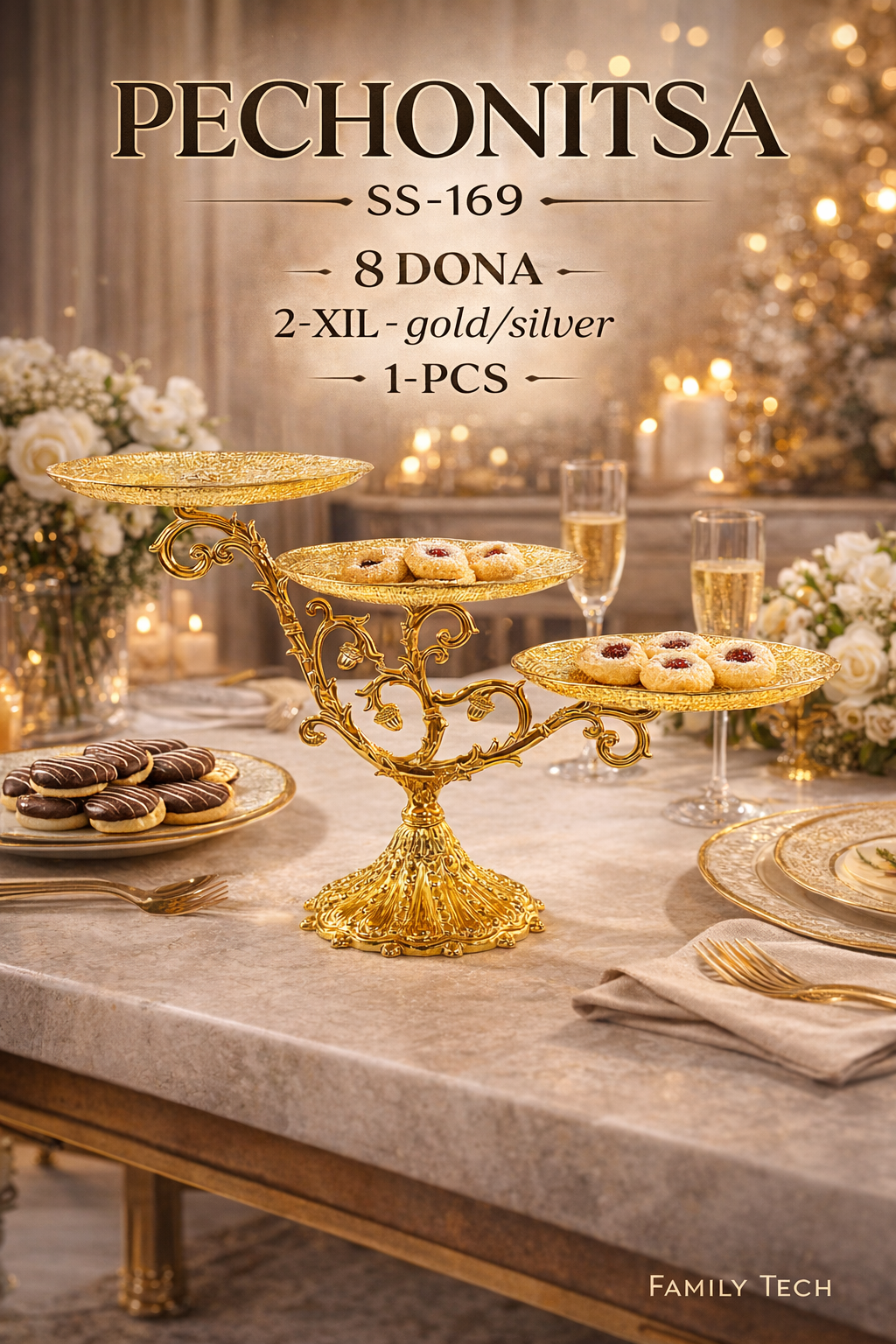 Сервировочный столик PECHONITSSS-169 "ROYAL", 3 яруса, золотой/серебряный, элегантный
