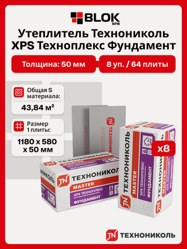 Изображение товара Технониколь XPS Техноплекс Фундамент 50 мм ( 8 уп / 43,8 м2 / 64 плиты) Утеплитель из пенополистирола для пола, фундамента, кровли